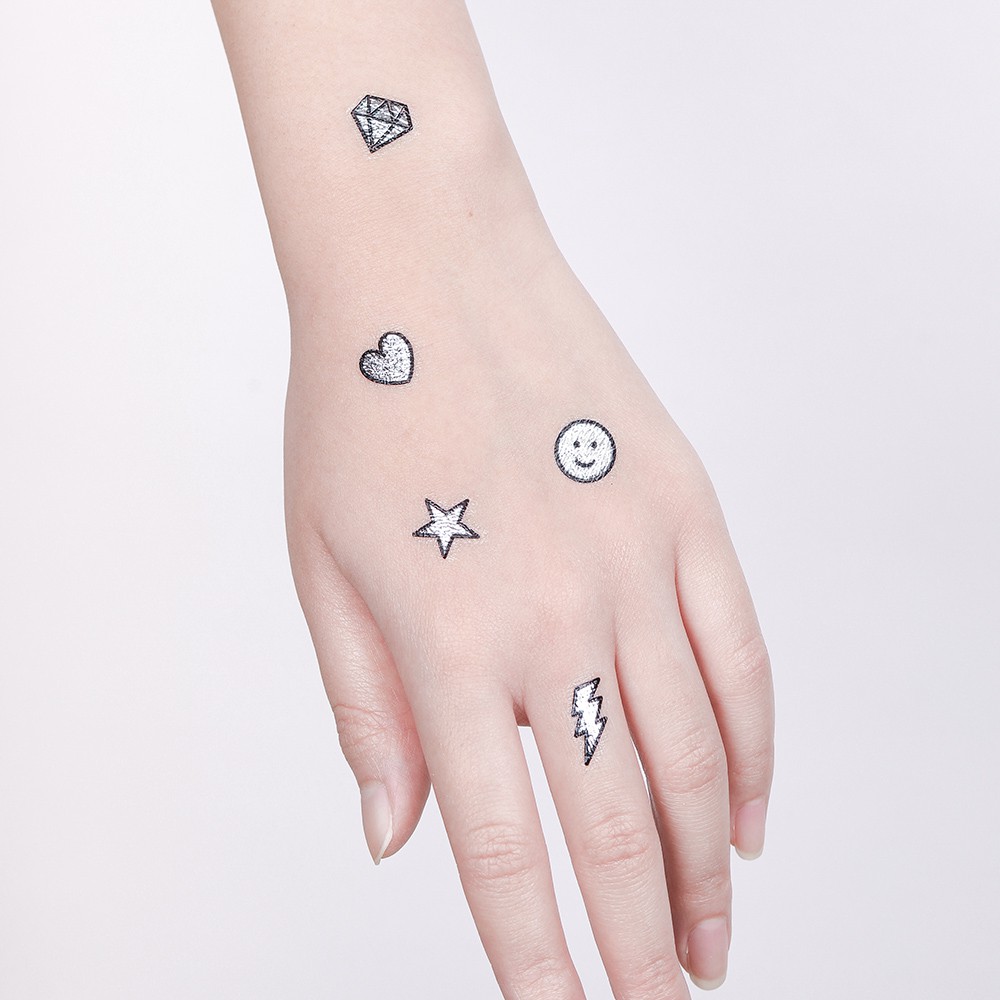 Surprise Tattoos 鑽石銀紋身貼紙 /  金屬 鑽石 愛心 笑臉 閃電 星星 銀色紋身