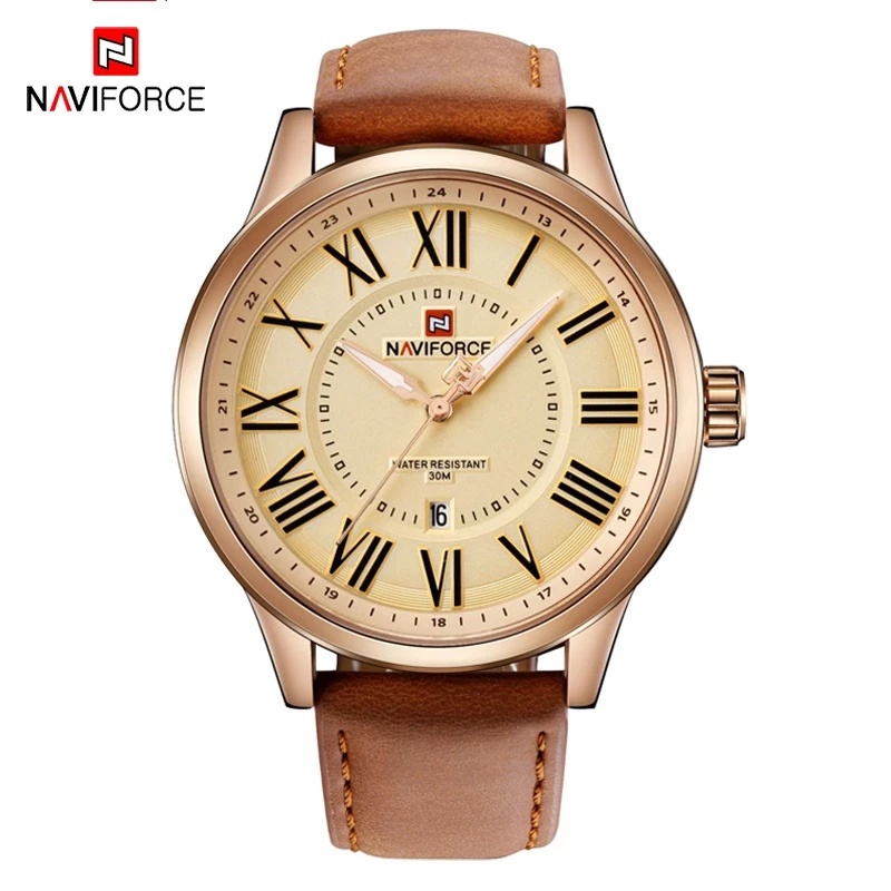 Naviforce 男士手錶時尚日期顯示真皮大錶盤時鐘防水運動石英腕錶 9126