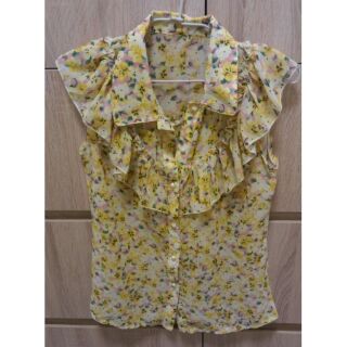 **HANI** 夏日花花雪紡無袖襯衫荷葉領珍珠扣 9成新 穿2次