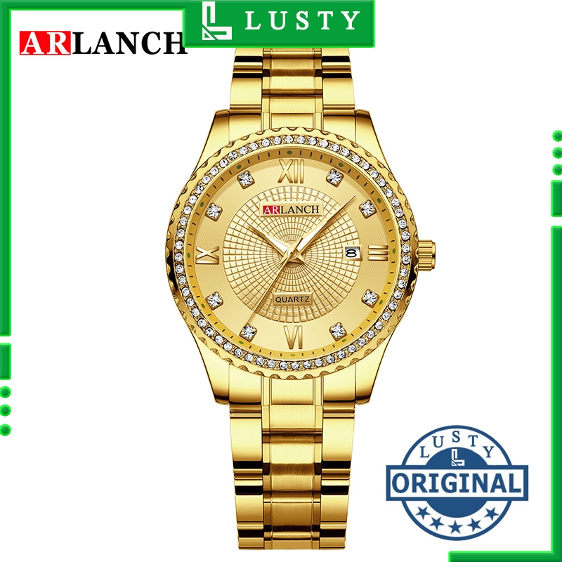[ARLANCH]女士手錶石英品牌手錶時鐘金色豪華不銹鋼日曆AR-315