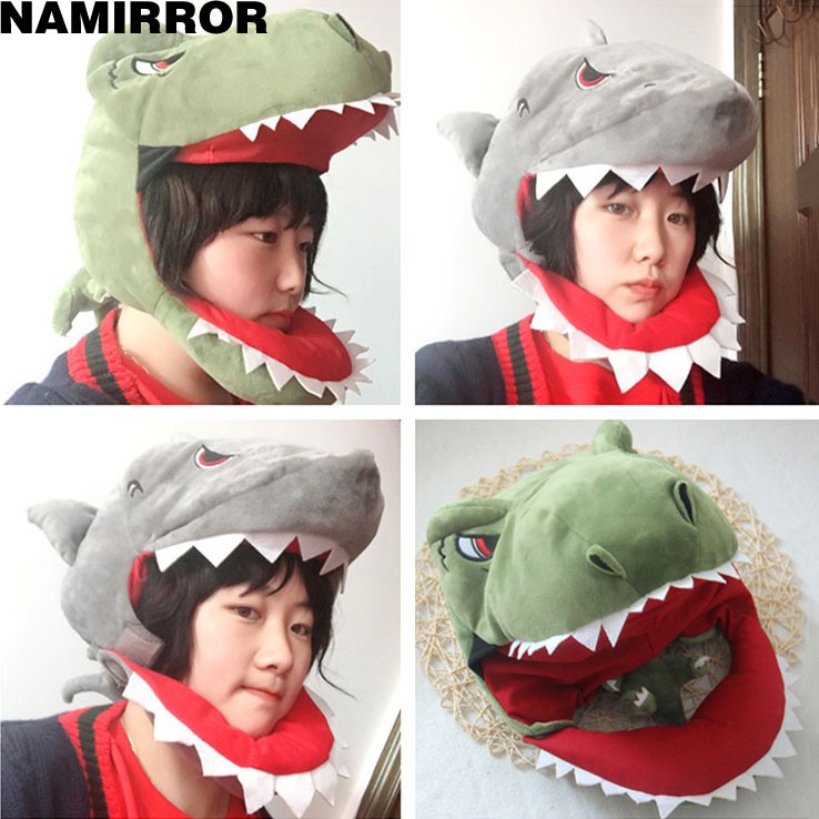 卡通鯊魚頭套 恐龍帽子 鱷魚恐龍頭 可愛少女搞怪拍照道具 鯊魚帽子 毛絨帽子 交換禮物