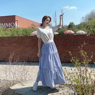 NXS 正韓 洋裝 縮腰 拼接 條紋 長洋裝 長裙 長洋 蛋糕裙 多層次 直條 短袖 棉質 韓國