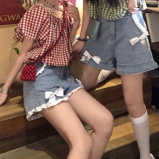 蕾絲花邊蝴蝶結牛仔短褲女夏季新款復古高腰百搭褲