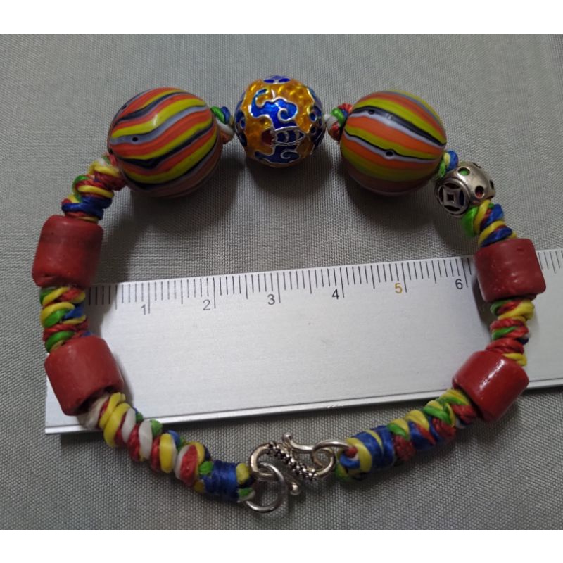 設計款老琉璃珠搭s925銀珠纏絲蠟線手鏈（S鉤）