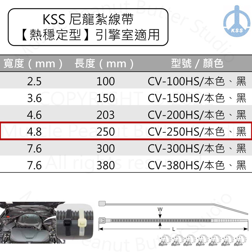 KSS 尼龍紮線帶 【熱穩定型】CV-250HS CV-250HSBK 淺綠 黑 100pcs 高溫 束帶 105℃