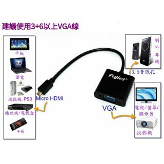 【保固六個月】Mirco HDMI TO VGA+音頻 (TYPE-D) 手機HDMI轉VGA 投影機