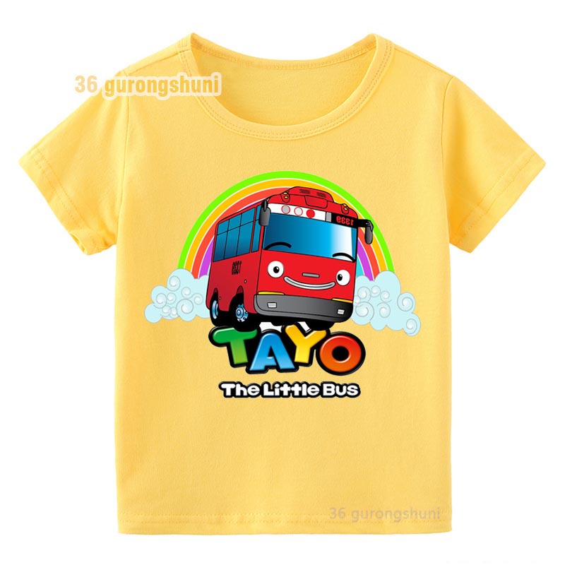 卡通韓國 Tayo the Little Bus 圖形短袖黃色 t 恤兒童 t 恤男孩女孩衣服兒童 t 恤女孩