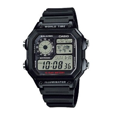 【CASIO 卡西歐】世界地圖方形電子錶 黑色 AE-1200WH-1AVDF