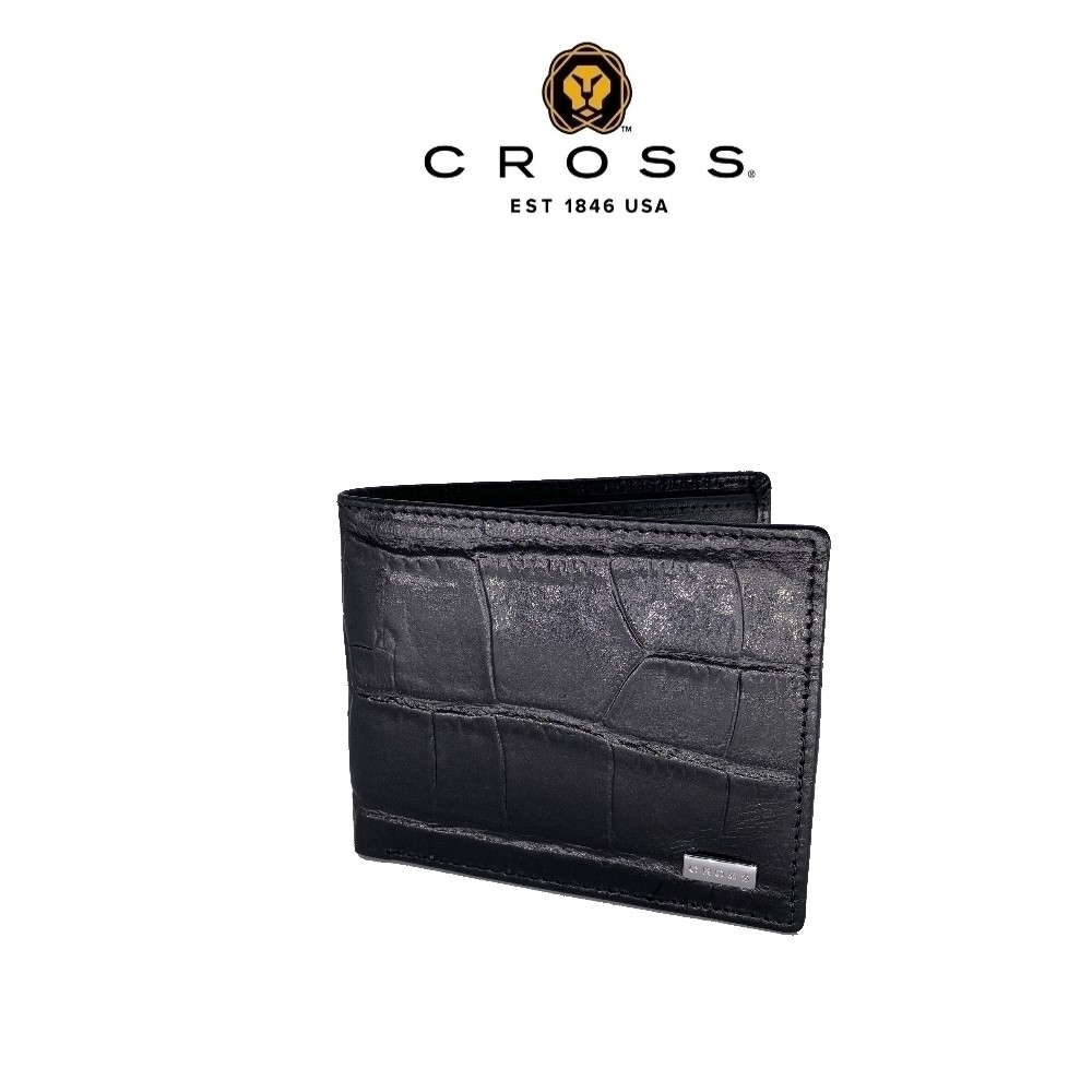 【CROSS】頂級 小牛皮 8卡 鱷魚紋 咬錢 男用皮夾 短夾  索貝克系列-黑色