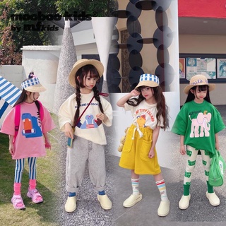 韓國ins童裝 女童短袖夏季新品寬鬆卡通印花短袖女孩上衣 中大童短袖T恤印花內搭褲