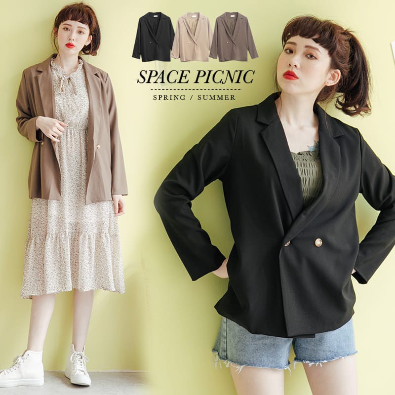 Space Picnic｜素面雙琥珀釦雪紡西裝外套【C20042002】