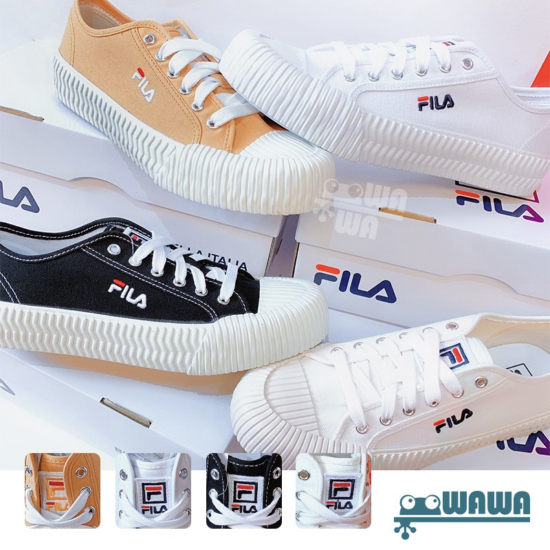 DOT 蛙蛙 FILA 韓風 餅乾鞋 鞋頭 壓紋 刺繡 小LOGO 休閒 帆布鞋 白黑 米色 芥末黃 情侶鞋 男女鞋