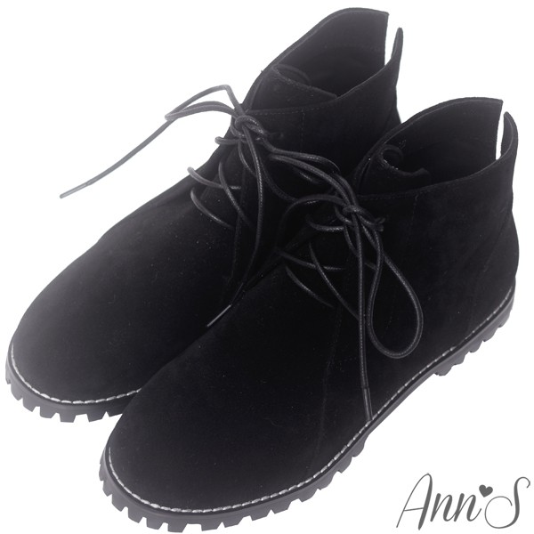 Ann’S率性風格-後V綁帶圓頭平底短靴-黑-有緣5折