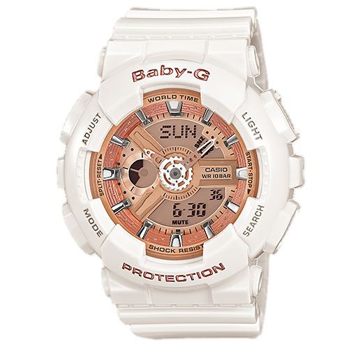 CASIO BABY-G 街頭層次多變率性風格雙顯休閒錶-雪白x玫瑰金版 (BA-110-7A1)