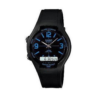 CASIO 精簡策略雙顯運動腕錶-黑+藍字-AW-90H-2B