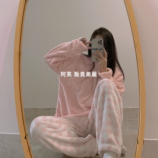 [現貨]韓版珊瑚絨ins睡衣女秋冬長袖加絨加厚印花甜美法蘭絨可愛居家服套裝