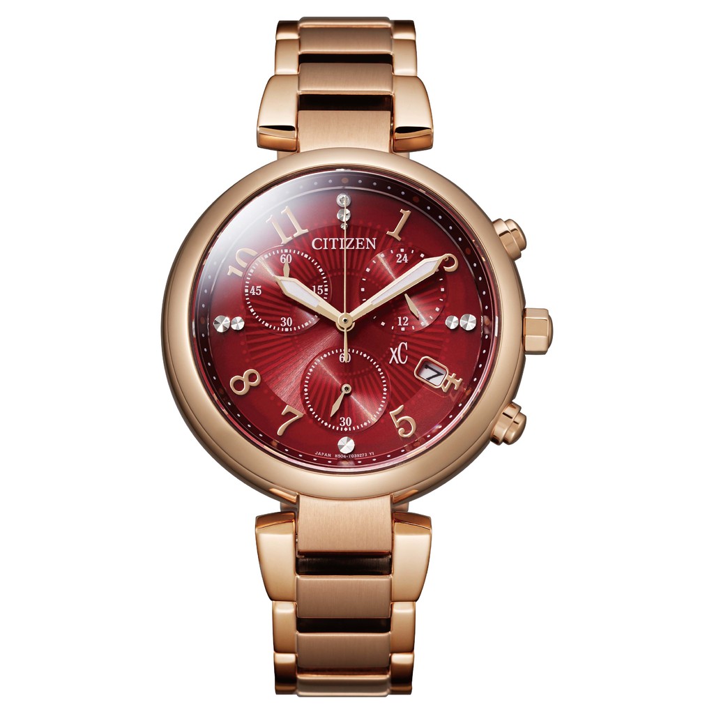 CITIZEN 星辰錶 (FB1453-55W) xC 亞洲限定 光動能三眼計時腕錶-玫瑰金x酒紅面/35mm