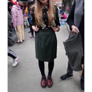 日本古著portcros深綠色毛料及膝裙短裙金色鈕扣vintage 復古
