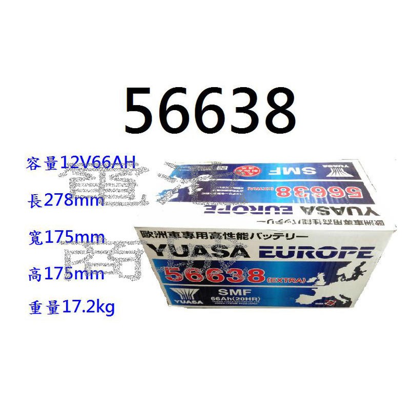 《電池商城》全新 湯淺 YUASA 免加水汽車電池 56638(57114、GR40R)