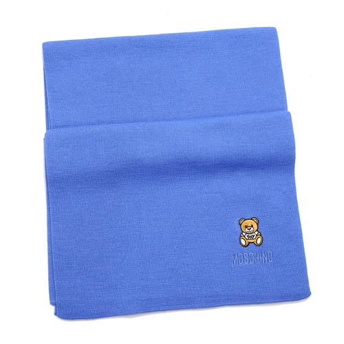 MOSCHINO 刺繡泰迪熊純羊毛圍巾(012 寶藍)