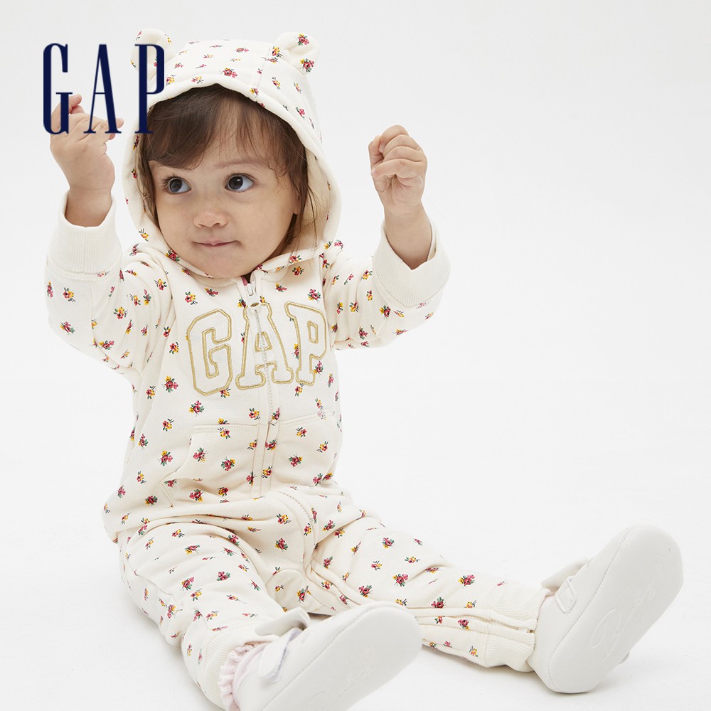 Gap 嬰兒裝 Logo熊耳裝飾連帽包屁衣-象牙白印花(616329)