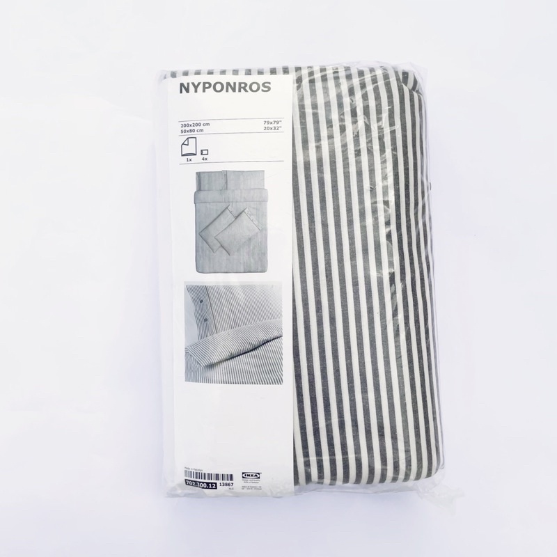 【小皮箱】全新 / IKEA NYPONROS 雙人被套組 灰色 條紋 (1被單4枕套) 100%棉