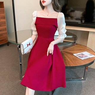 愛依依 洋裝 伴娘裙 甜美 S-XL新款小個子平時可穿訂婚酒紅色法式高階感禮服裙連身裙T647-6638.