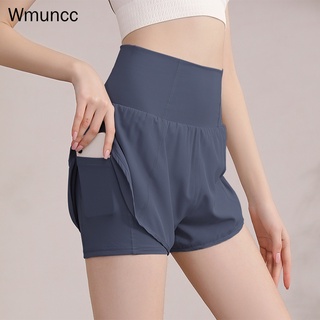 Wmuncc 運動短褲女士高腰腹部速乾跑步健身褲防光口袋瑜伽服