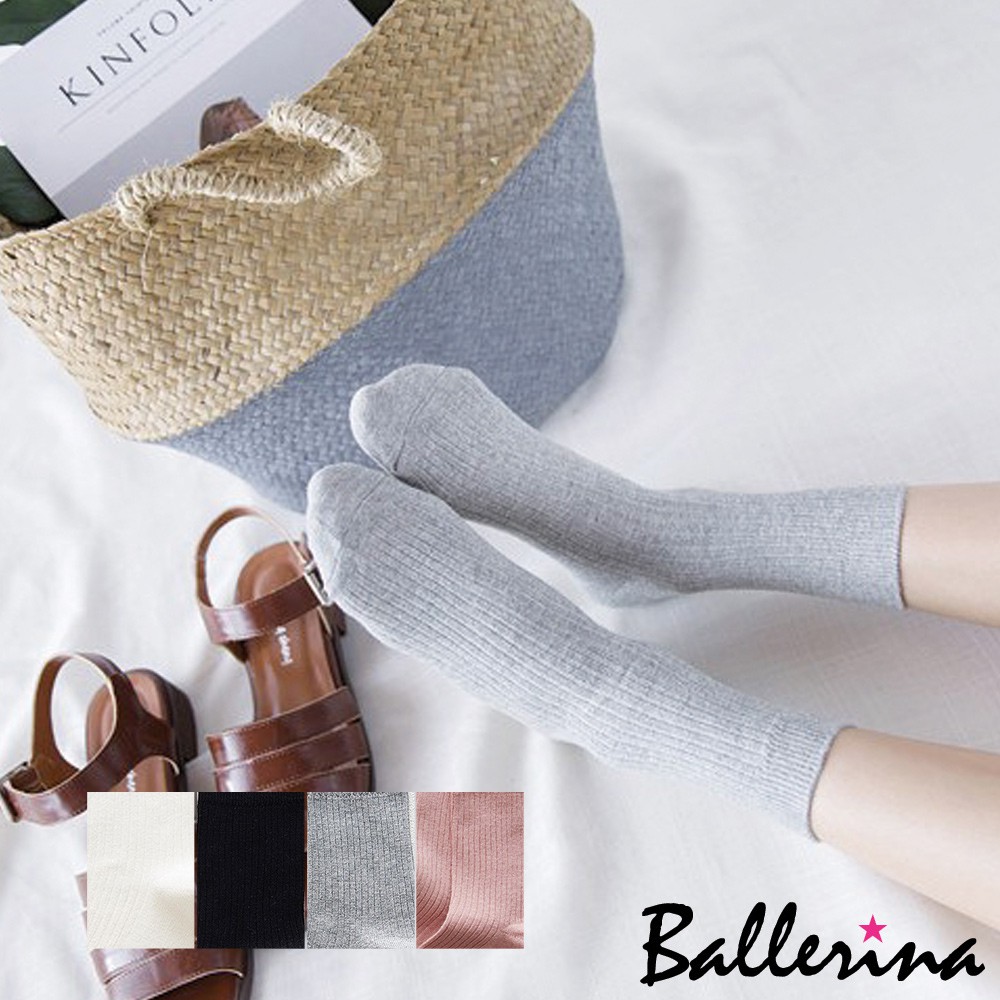 Ballerina-純色棉質直條紋中筒襪(1雙入)【TKL102061】