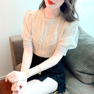 短袖雪紡襯衫韓版時尚女裝夏季泡泡袖鏤空蕾絲上衣