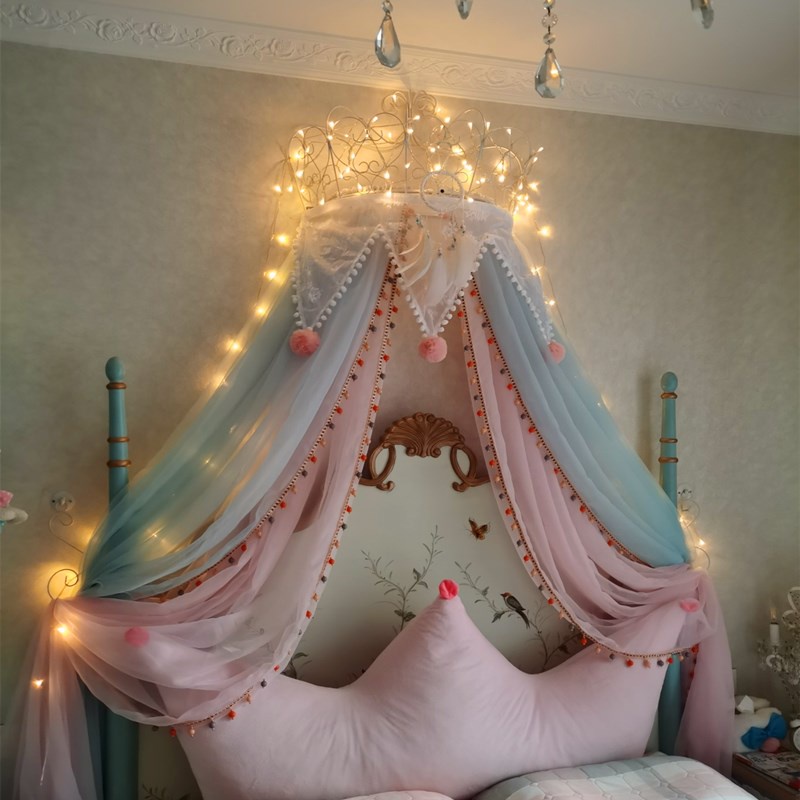 新款公主床幔床頭帳篷可愛北歐粉少女心馬卡龍色兒童床裝飾紗帳三角蕾絲藍含皇冠
