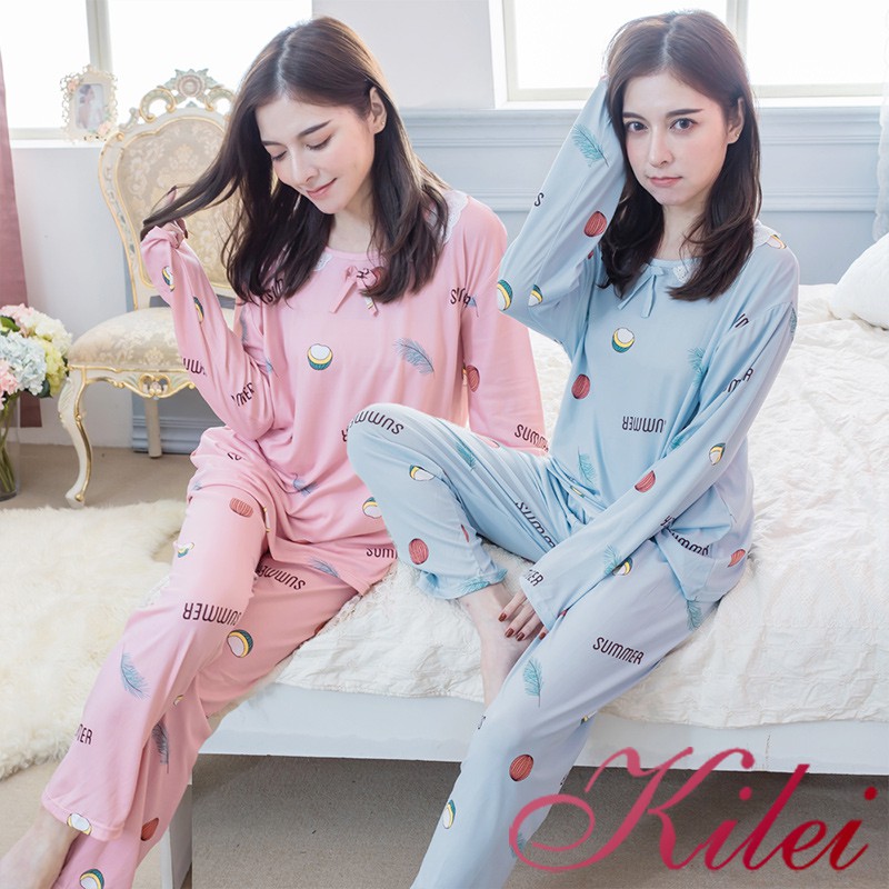 【Kilei】女生睡衣 居家服 英字水果葉子牛奶絲長袖二件式睡衣組XA4346(共2色)全尺碼