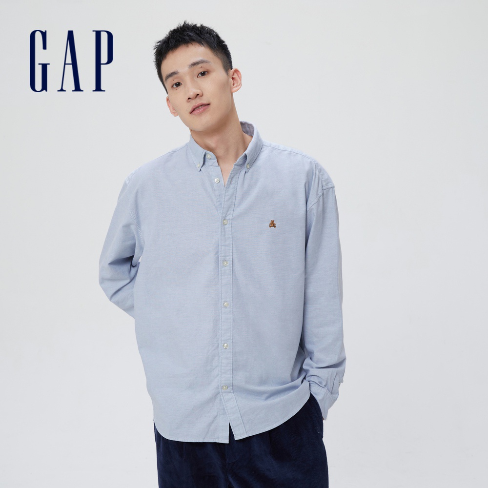 Gap 男女同款 清爽小熊刺繡寬鬆長袖襯衫-淺藍色(820158)