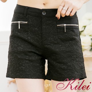 【Kilei】女裝 女短褲 百搭 下著 拉鍊口袋造型織蕾絲挺布短褲XA3483(蕾絲黑色)全尺碼