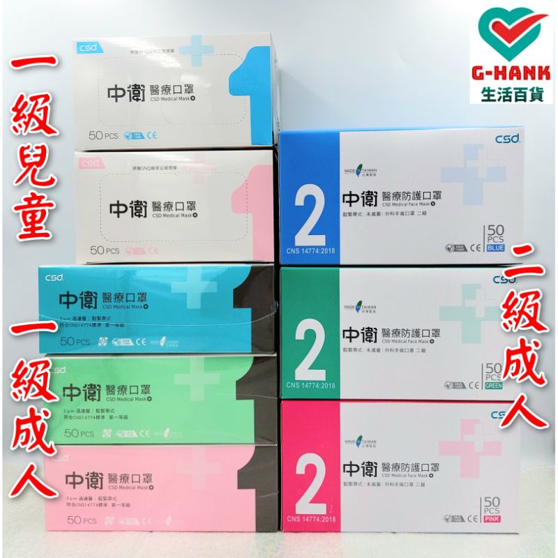 中衛口罩 CSD 醫療口罩 一級/薄款 二級/厚款 (藍/綠/粉) 醫用口罩 兒童口罩 成人一級 成人二級 50片/盒