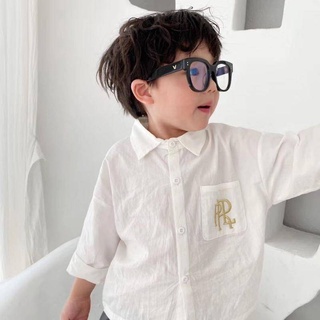 2022新款 韓國男童襯衫 白色 春秋裝 兒童 素色 口袋 刺繡上衣 韓版 百搭 長袖襯衫