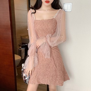 臺灣現貨，天天出貨➡S-XXL 洋氣仙女甜美紗網珍珠長袖小禮服 宴會晚禮服名媛聚會生日連衣裙 伴娘洋裝 伴娘禮服