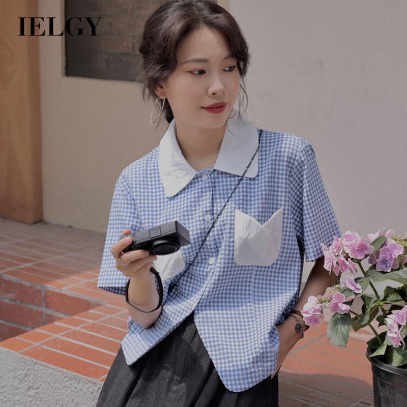 IELGY 女裝韓版復古藍色格子短袖襯衫