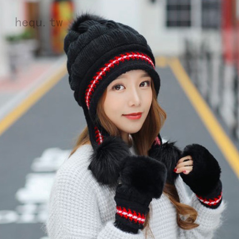 Hequ 帽子女冬季加絨兔毛針織帽 保暖毛線帽 時尚加厚毛球護耳帽 貝雷帽