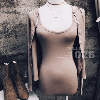 ++1026++歐美 親膚超彈性棉質 中長版合身貼身 深V低胸細肩帶背心小可愛+一字領罩衫防曬小外套 兩件式背心上衣套裝