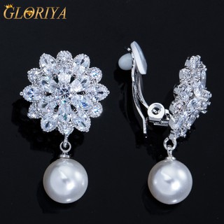 女士無穿孔白色 CZ 水晶吊墜珍珠花朵夾式耳環無孔穿孔耳飾【Gloriya】E123