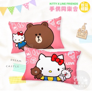 享夢城堡 中枕63x45cm一入圖案隨機-HELLO KITTY X LINE FRIENDS 手偶同樂會-粉