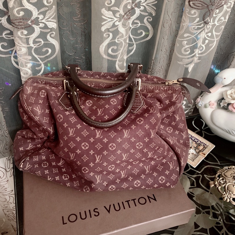「保留」法國專櫃名牌Louis Vuitton路易威登限量LV咖啡色緹花布牛仔丹寧SPEEDY手提包波士頓包限量滿載