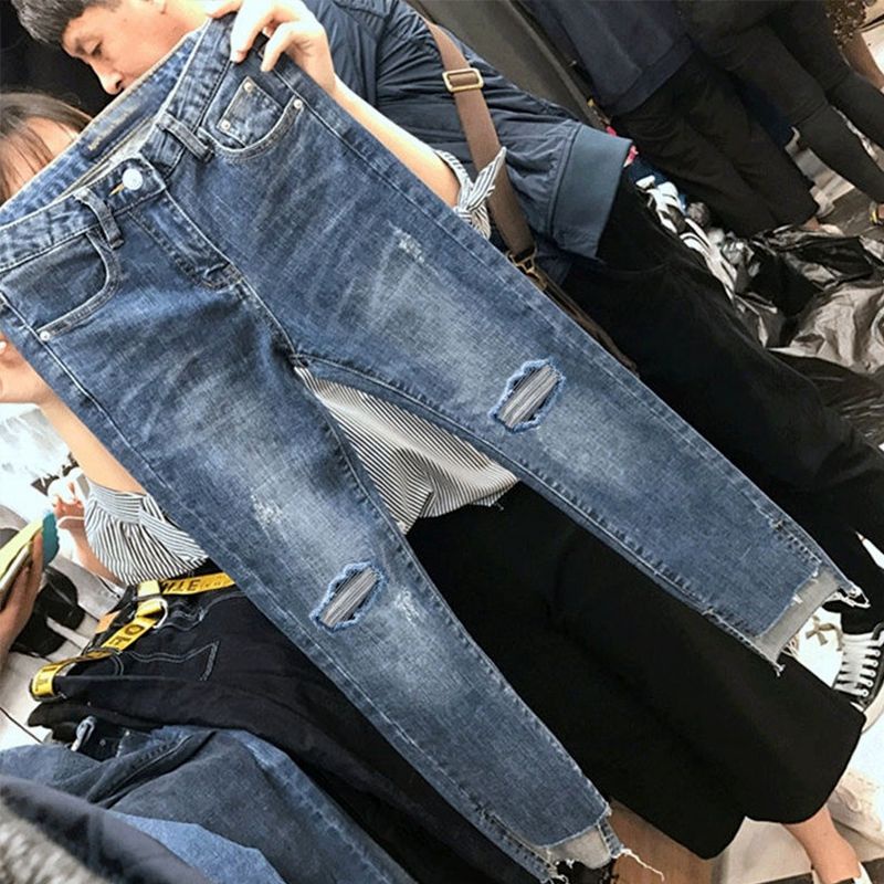 Secret Girl 破洞牛仔褲 女高腰 彈力緊身 顯瘦顯高 窄管褲 直筒 不規則開叉 九分 鉛筆褲子 潮品%棉