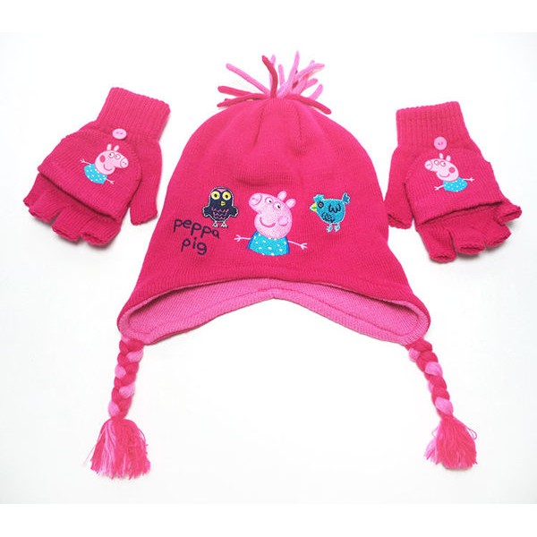 佩佩豬兒童毛帽+手套 2件套 粉紅豬小妹雙層毛線護耳秋冬童帽