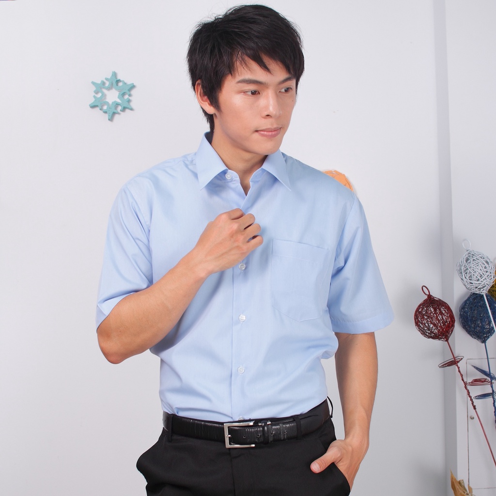 JIA HUEI 短袖柔挺領男士機能防皺襯衫  海島棉系列 (藍色)(台灣製造)