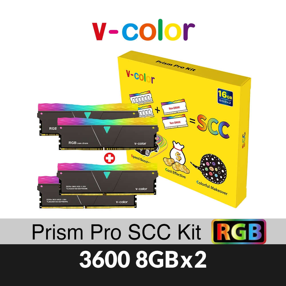 v-color全何SCC套件DDR4 3600 16GB(8GBX2)內含2支RGB桌上型超頻記憶體+2支RGB虛擬燈條