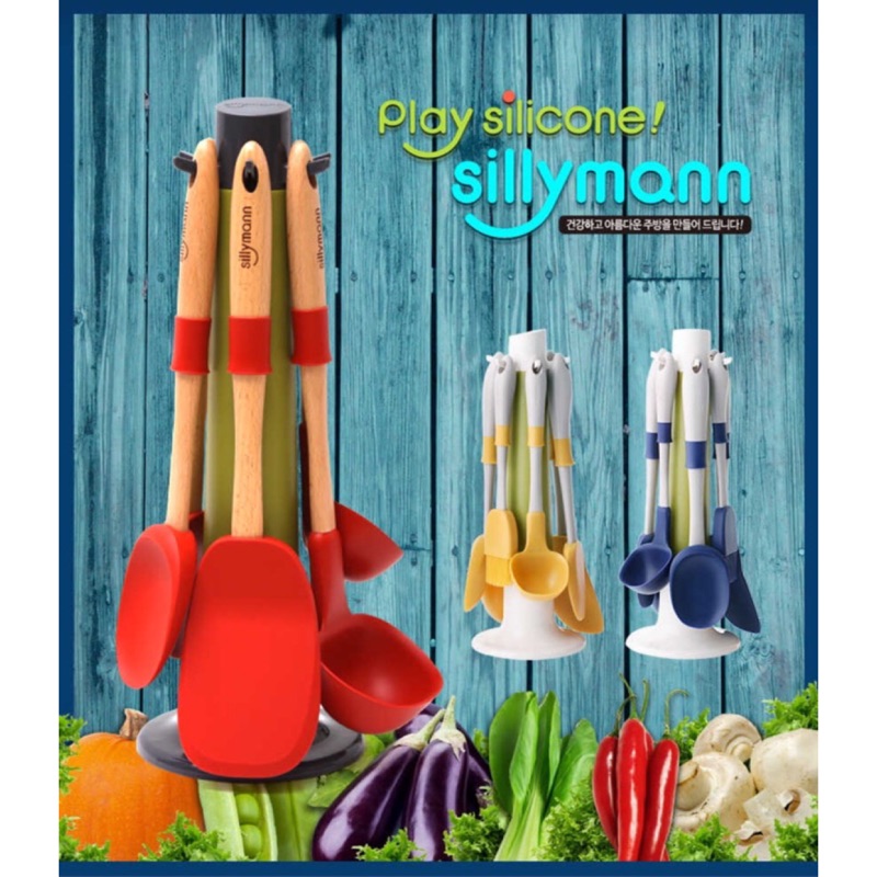 預購🚚韓國sillymann矽膠木柄廚具六件組（含掛架） 玫瑰鍋專用鍋鏟