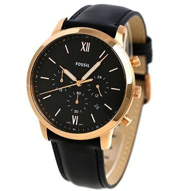 FOSSIL FS5381 手錶 44mm NEUTRA 玫瑰金 三眼計時腕錶 黑色皮錶帶 男錶女錶