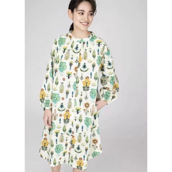 日本品牌 graniph X 福田利之 滿版插畫聯名款 花卉植物 連身裙 手繪日系洋裝 長袖長版上衣